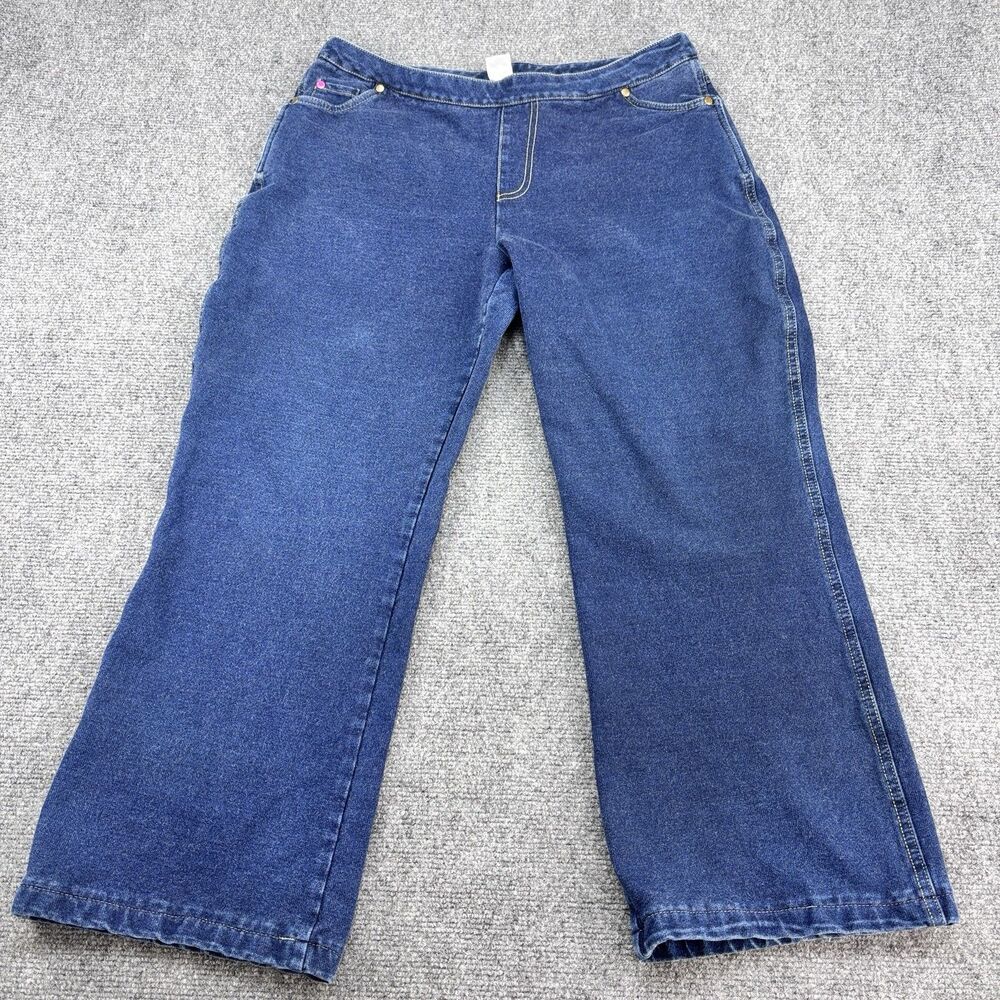 Pajama Jeans Women's 1X Blue Wide Leg Cropped Pull On Stretch Denim 95% Cotton